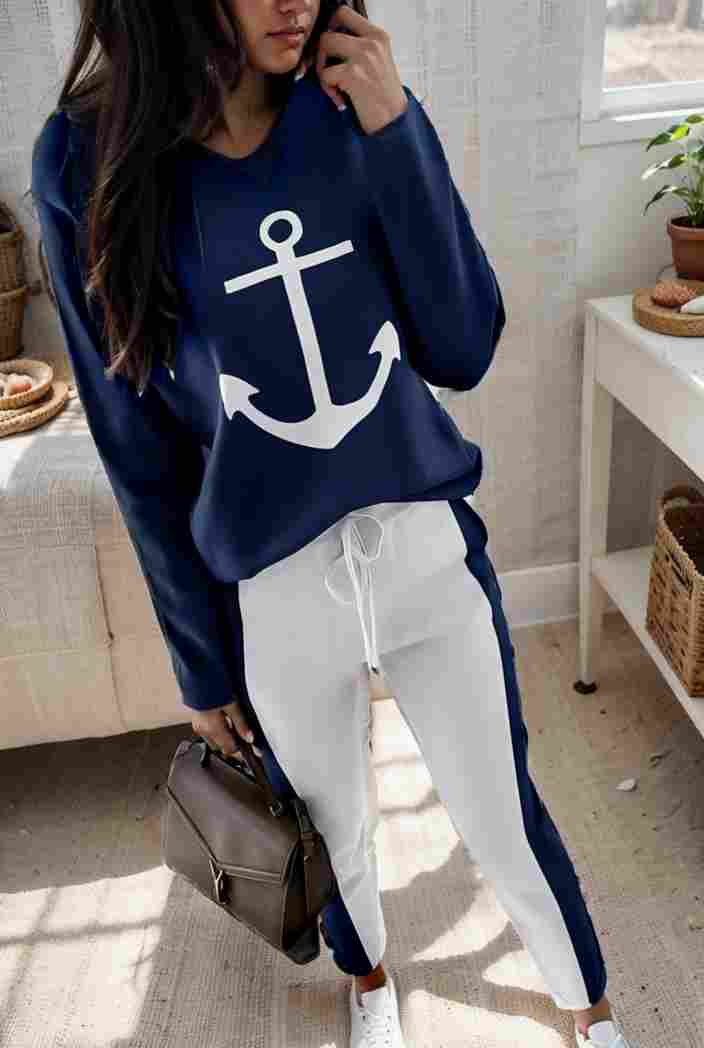 anchor print v neck long sleeve t shirt trousers two piece suit 128435