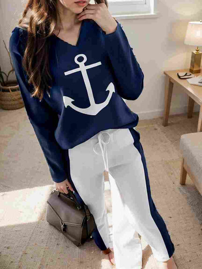 anchor print v neck long sleeve t shirt trousers two piece suit 121790