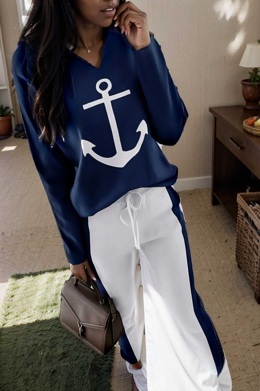 anchor print v neck long sleeve t shirt trousers two piece suit 103497