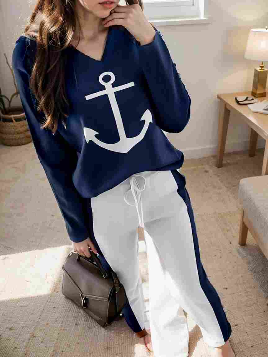 anchor print v neck long sleeve t shirt trousers two piece suit 108998