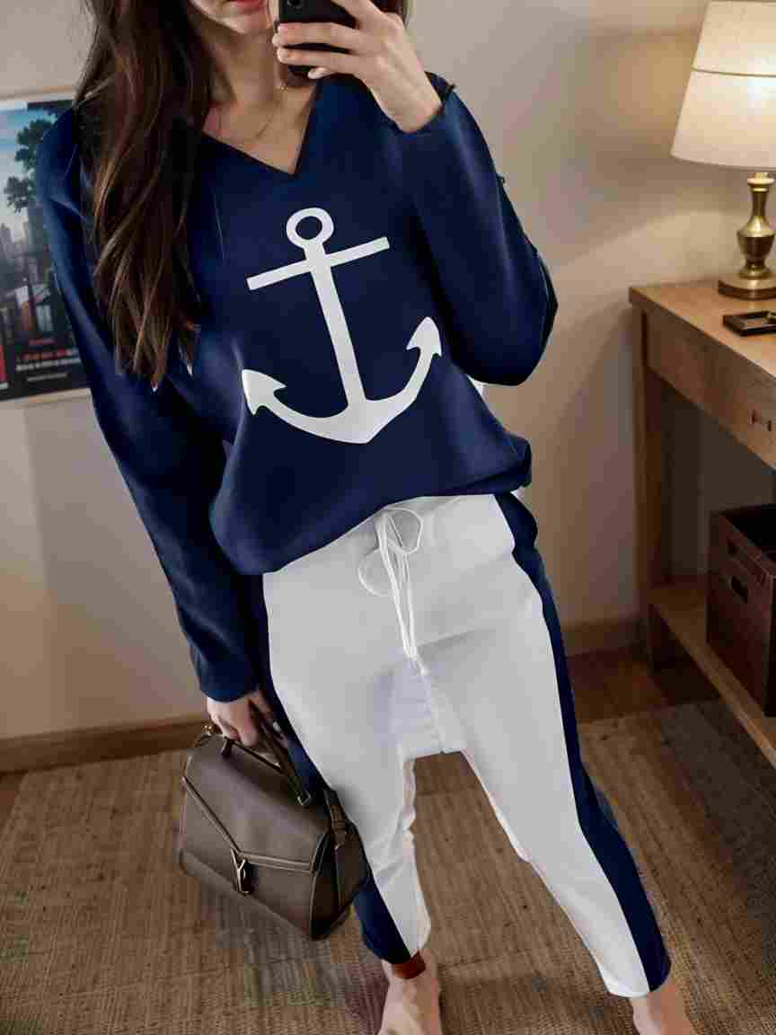 anchor print v neck long sleeve t shirt trousers two piece suit 101049