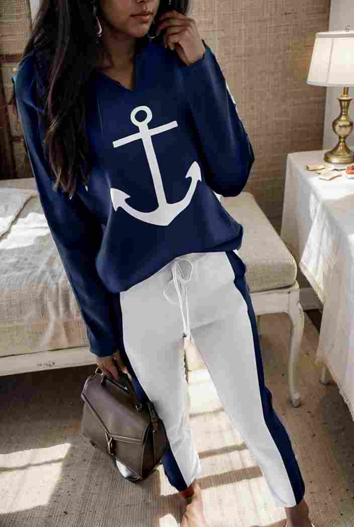 anchor print v neck long sleeve t shirt trousers two piece suit 135060