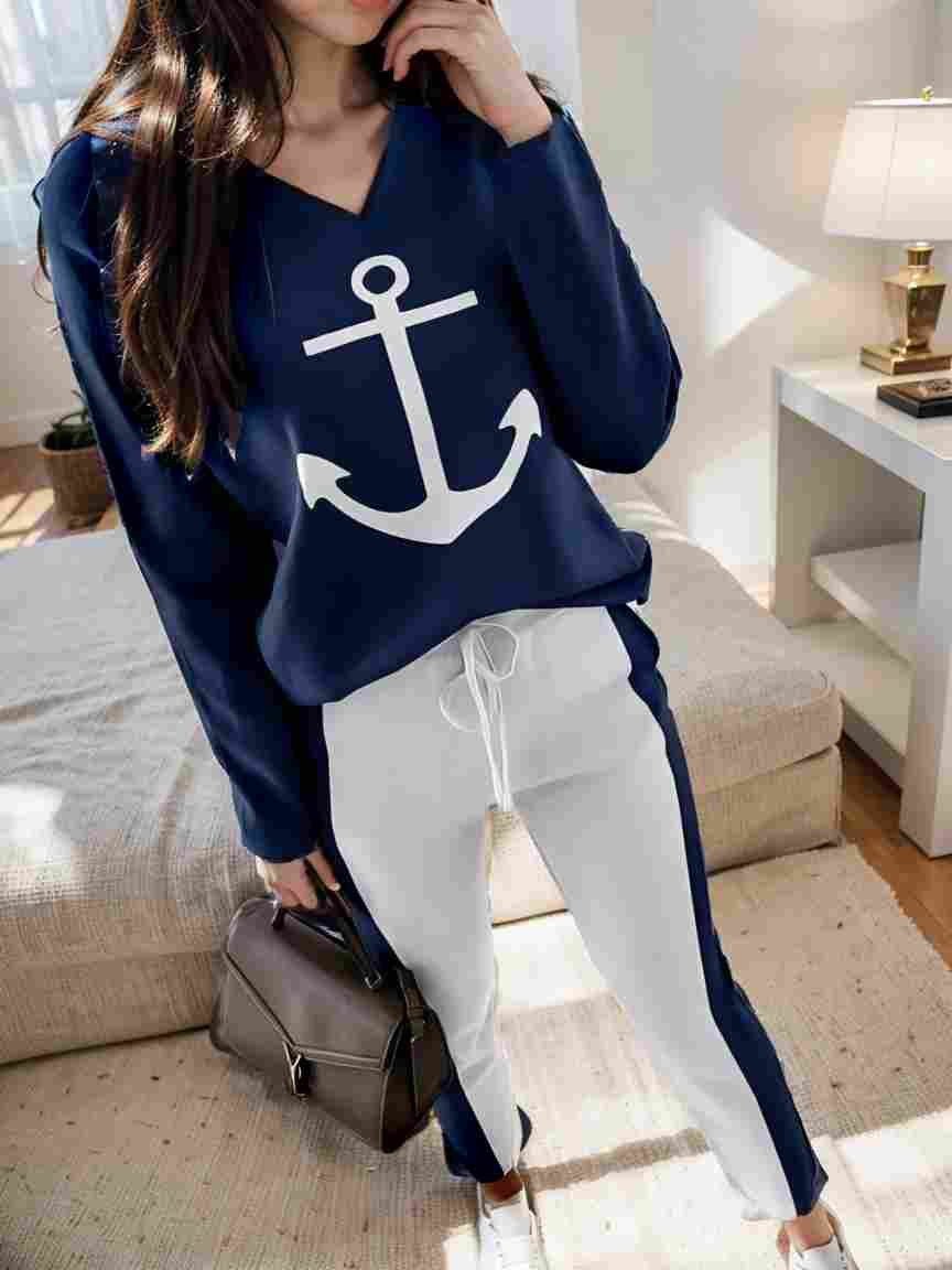 anchor print v neck long sleeve t shirt trousers two piece suit 106938