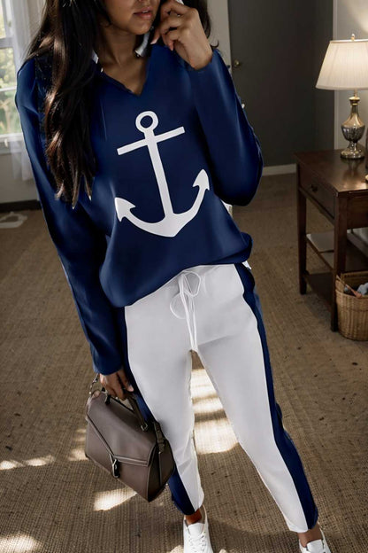 anchor print v neck long sleeve t shirt trousers two piece suit 104806