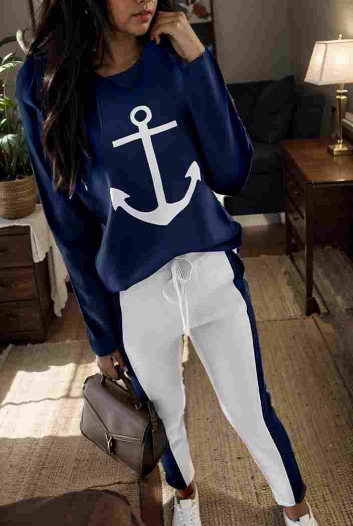 anchor print v neck long sleeve t shirt trousers two piece suit 133744