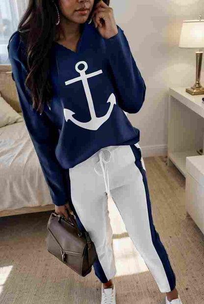 anchor print v neck long sleeve t shirt trousers two piece suit 114674