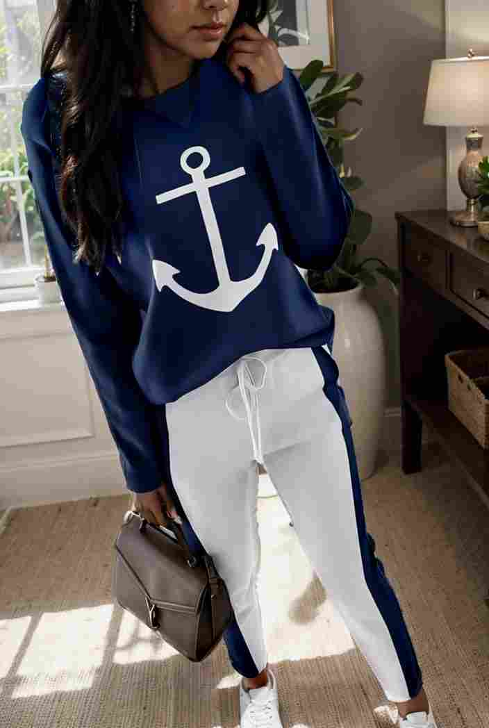 anchor print v neck long sleeve t shirt trousers two piece suit 129027