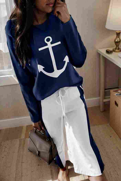 anchor print v neck long sleeve t shirt trousers two piece suit 136336