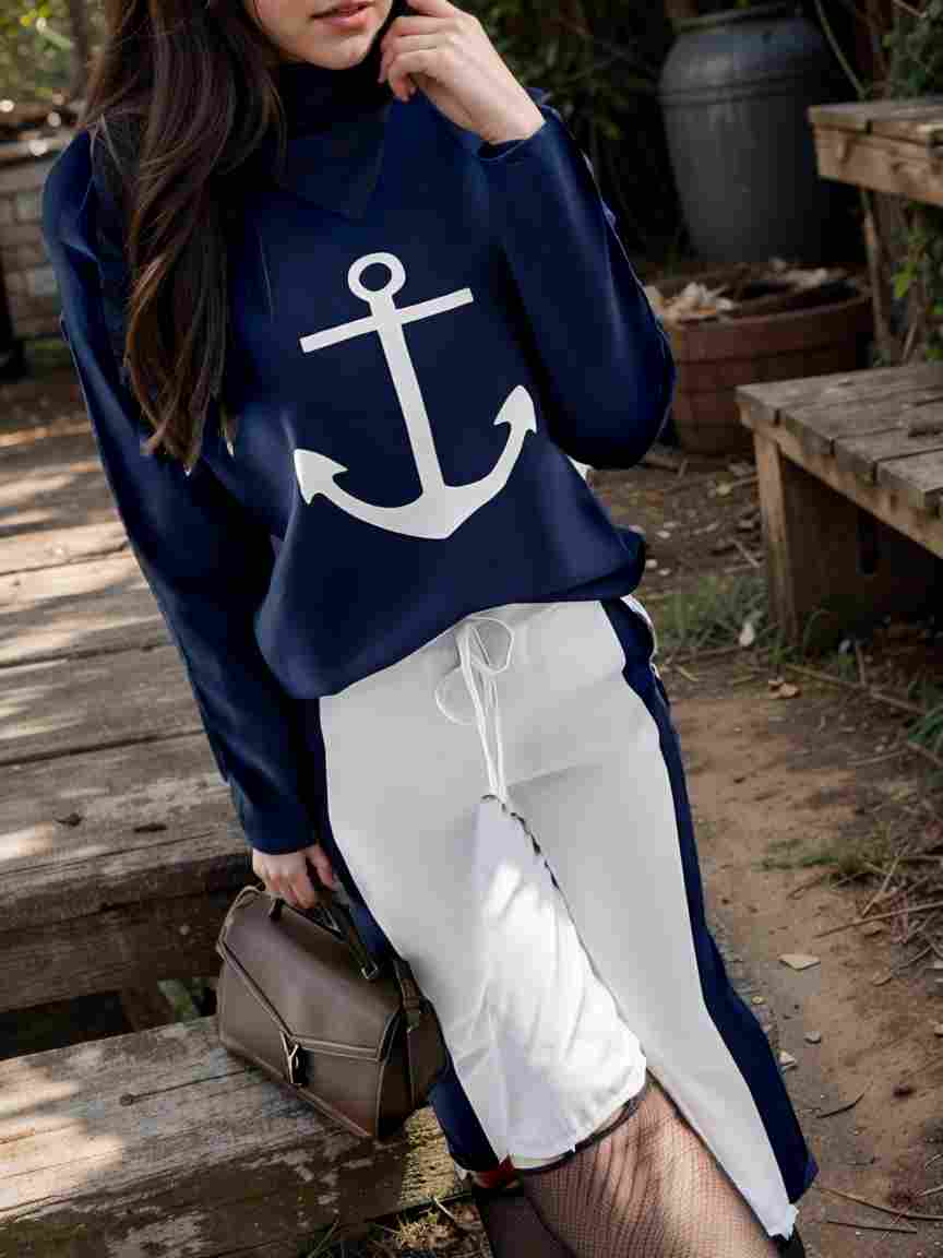 anchor print v neck long sleeve t shirt trousers two piece suit 141950