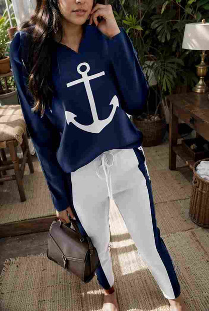 anchor print v neck long sleeve t shirt trousers two piece suit 127538