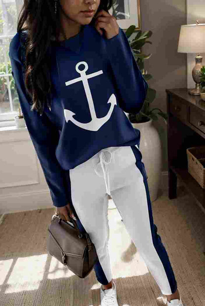 anchor print v neck long sleeve t shirt trousers two piece suit 119272