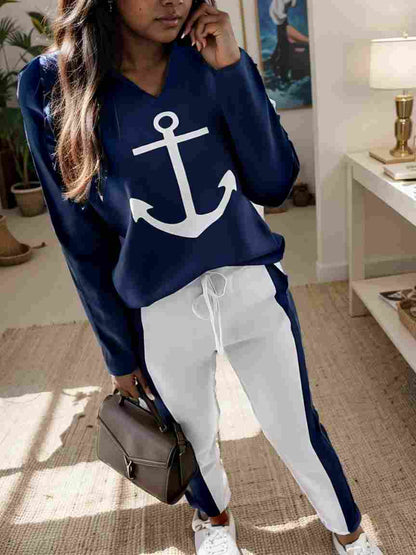 anchor print v neck long sleeve t shirt trousers two piece suit 121570