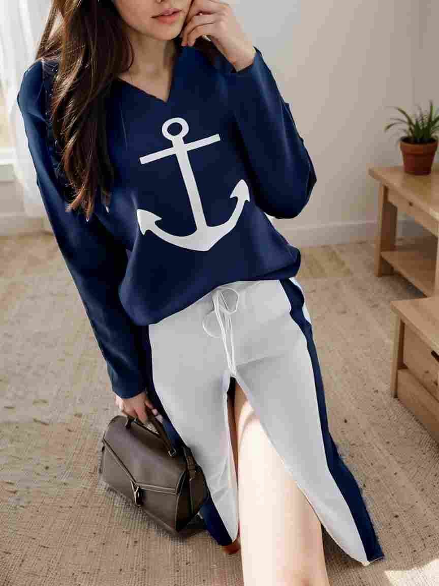 anchor print v neck long sleeve t shirt trousers two piece suit 134583