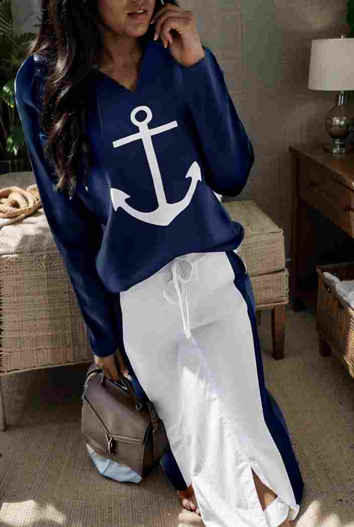 anchor print v neck long sleeve t shirt trousers two piece suit 107183