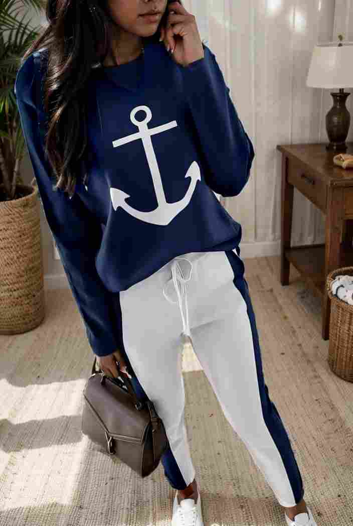 anchor print v neck long sleeve t shirt trousers two piece suit 123801