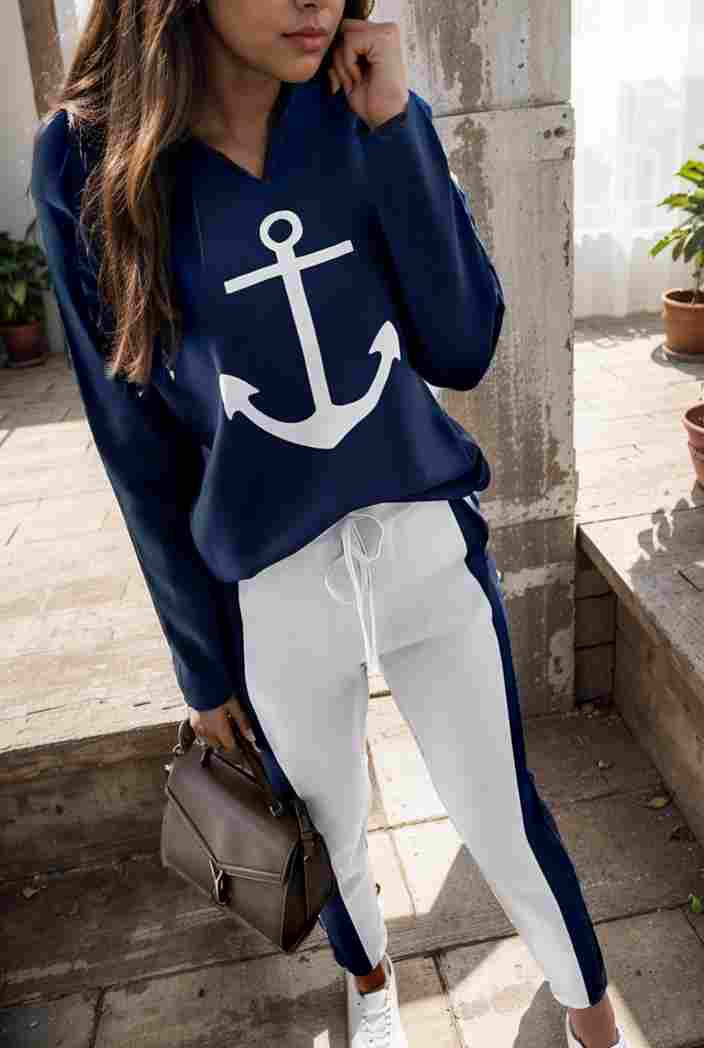 anchor print v neck long sleeve t shirt trousers two piece suit 142818