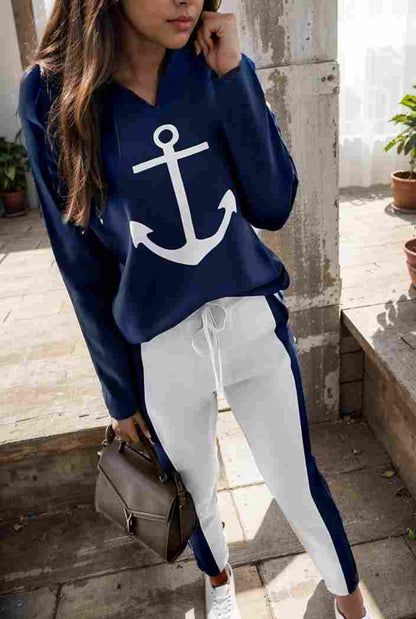 anchor print v neck long sleeve t shirt trousers two piece suit 142818