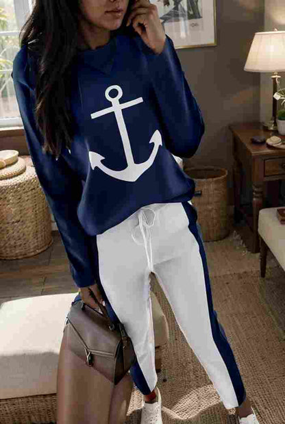 anchor print v neck long sleeve t shirt trousers two piece suit 139546