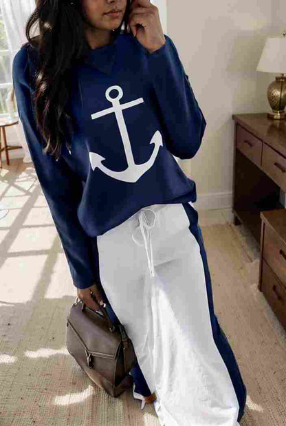 anchor print v neck long sleeve t shirt trousers two piece suit 142840