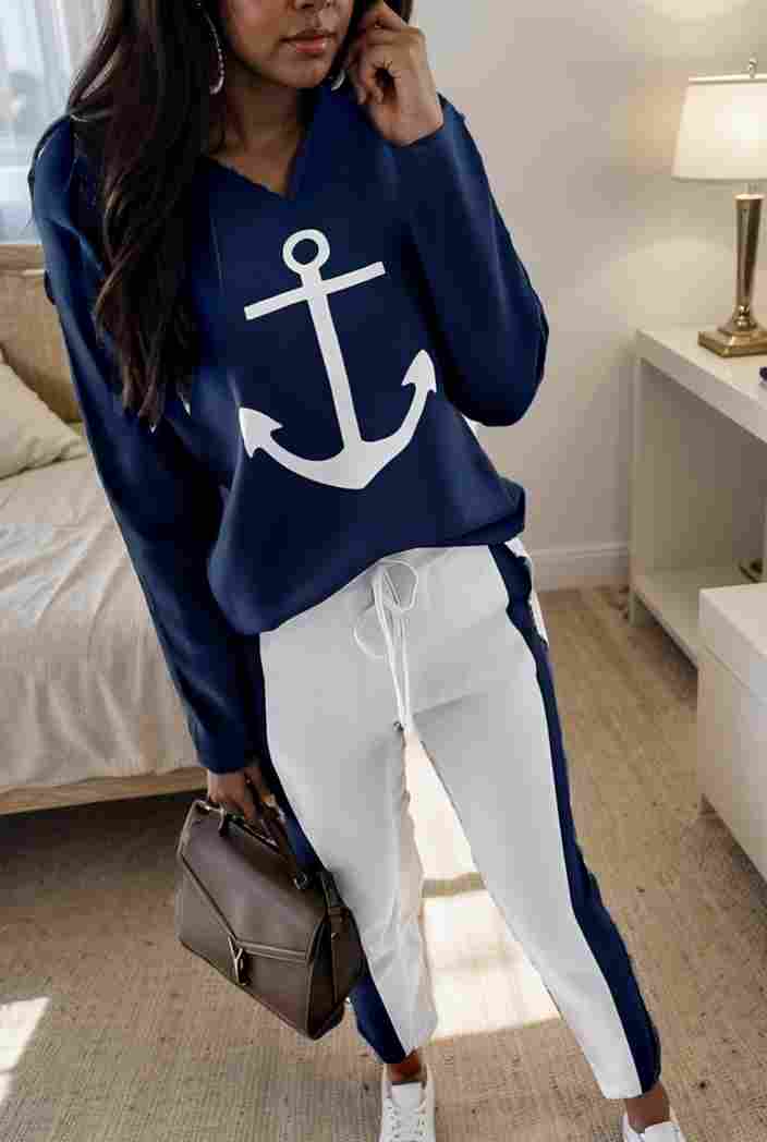 anchor print v neck long sleeve t shirt trousers two piece suit 125375