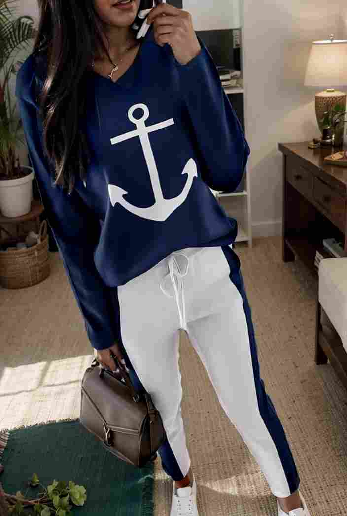 anchor print v neck long sleeve t shirt trousers two piece suit 145211