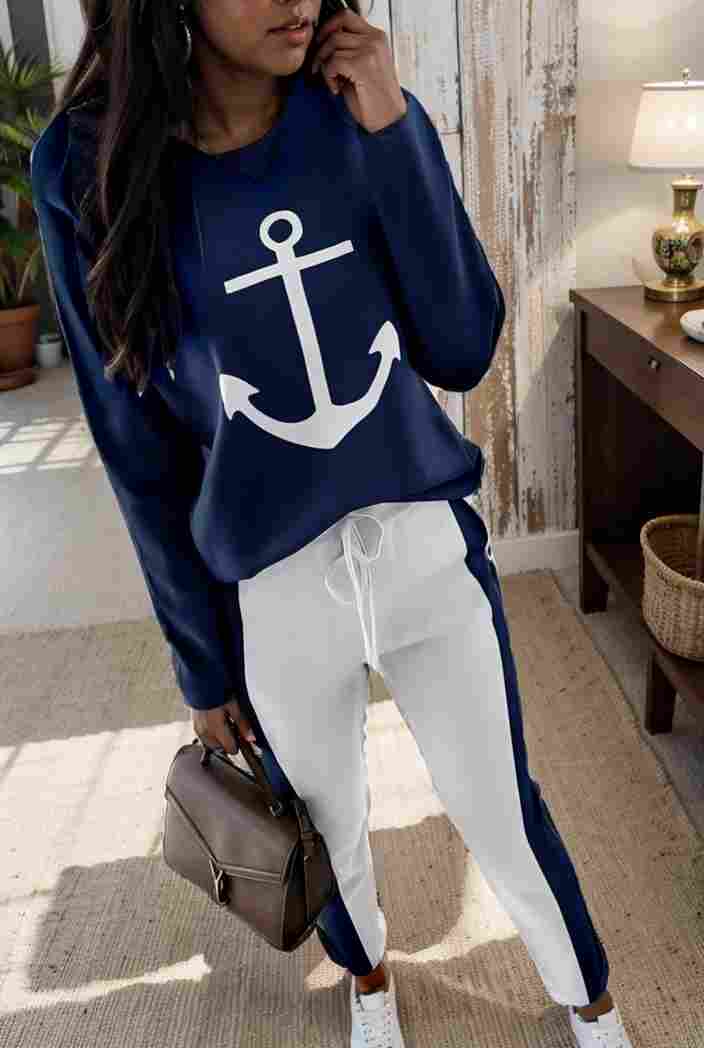 anchor print v neck long sleeve t shirt trousers two piece suit 123594