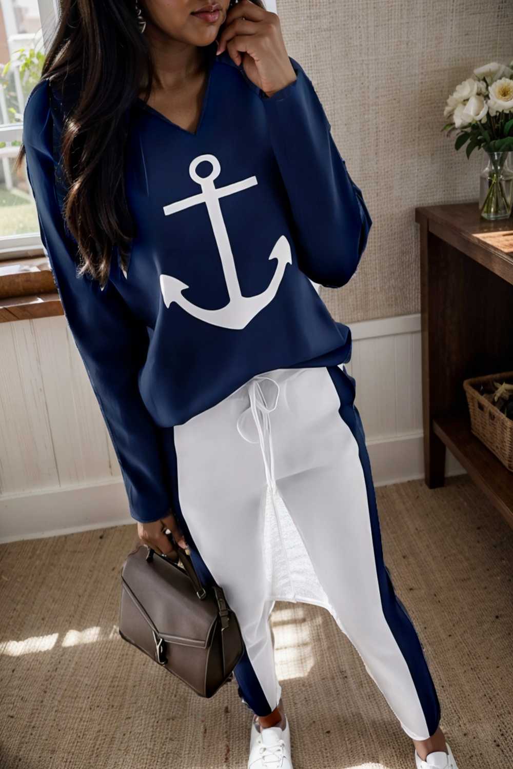 anchor print v neck long sleeve t shirt trousers two piece suit 138128