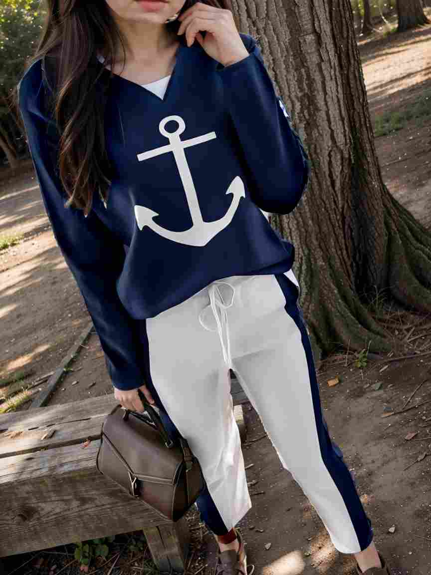 anchor print v neck long sleeve t shirt trousers two piece suit 138690