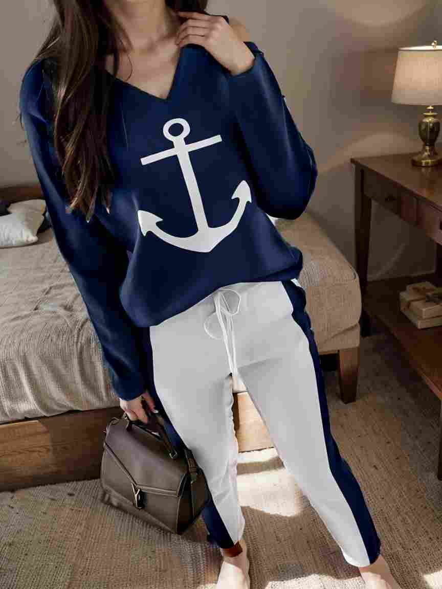 anchor print v neck long sleeve t shirt trousers two piece suit 144361