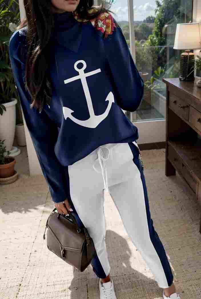 anchor print v neck long sleeve t shirt trousers two piece suit 137960