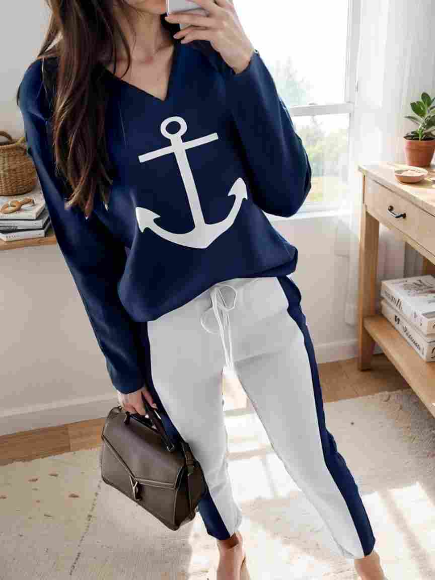 anchor print v neck long sleeve t shirt trousers two piece suit 149488