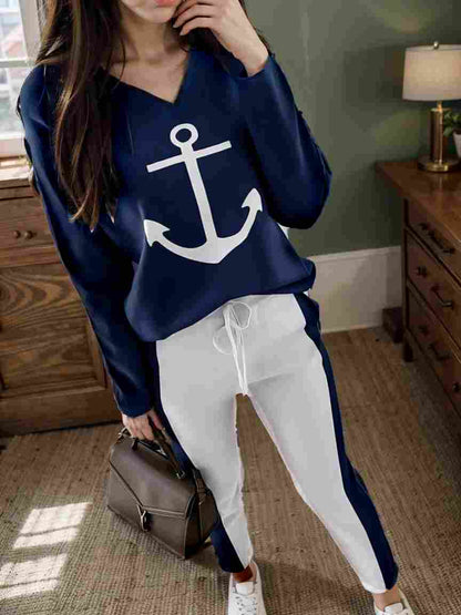 anchor print v neck long sleeve t shirt trousers two piece suit 139616