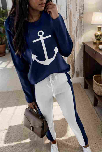 anchor print v neck long sleeve t shirt trousers two piece suit 122369