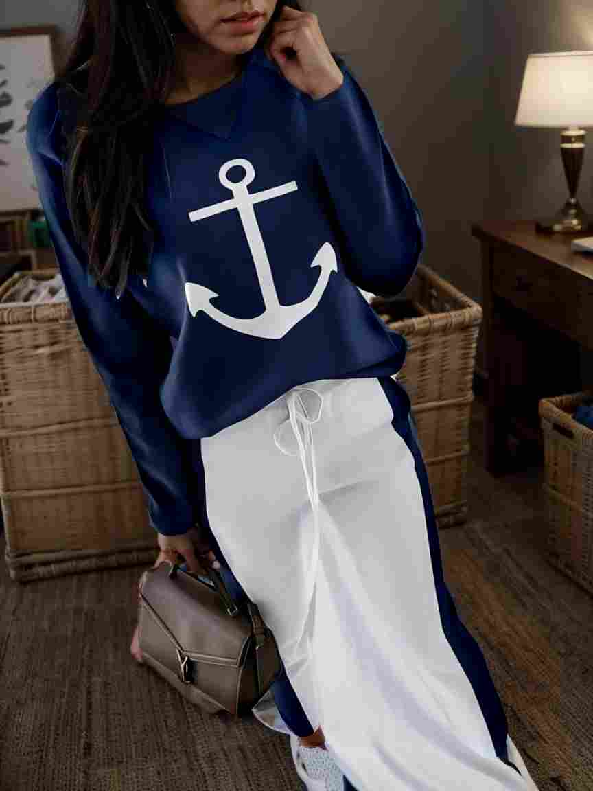 anchor print v neck long sleeve t shirt trousers two piece suit 146987