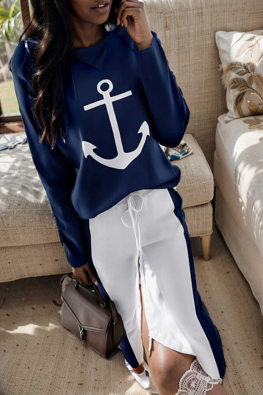 anchor print v neck long sleeve t shirt trousers two piece suit 122918