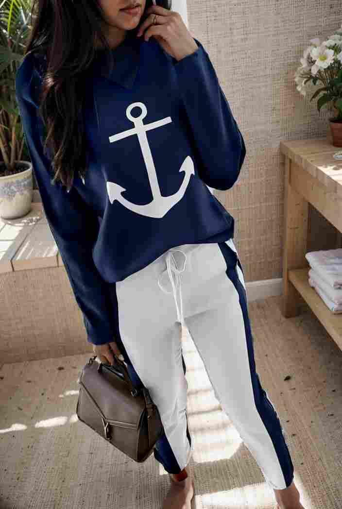 anchor print v neck long sleeve t shirt trousers two piece suit 128617