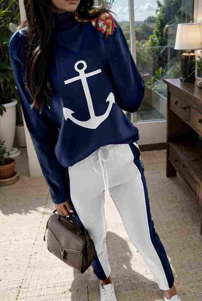 anchor print v neck long sleeve t shirt trousers two piece suit 143575