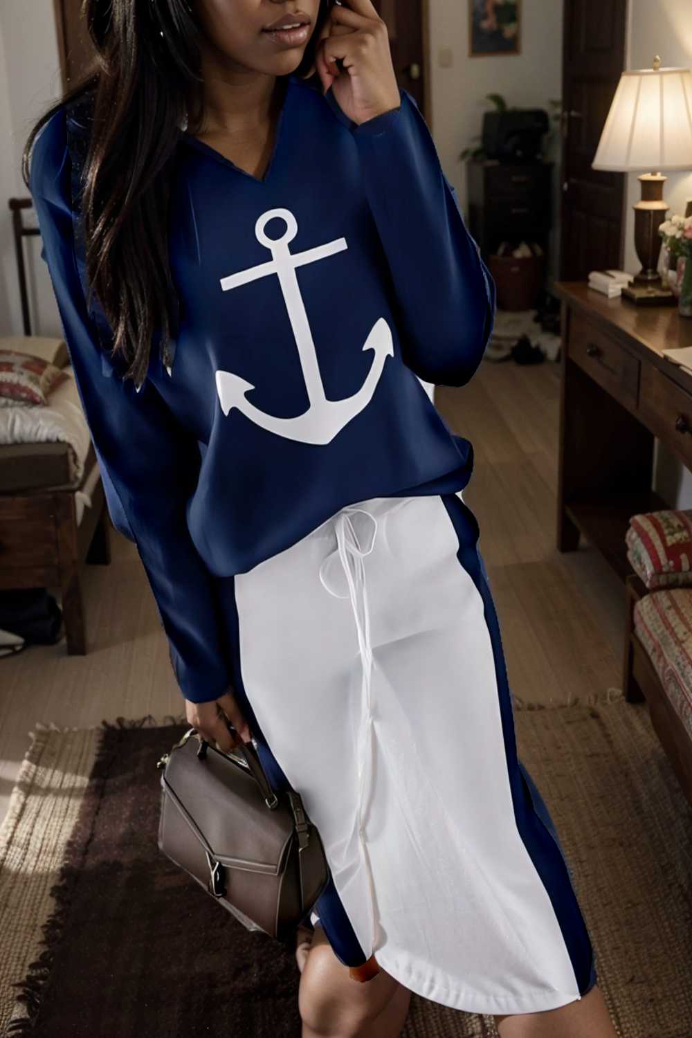 anchor print v neck long sleeve t shirt trousers two piece suit 122961