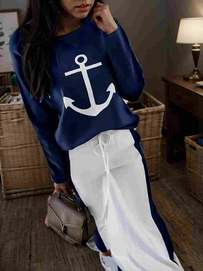 anchor print v neck long sleeve t shirt trousers two piece suit 135246