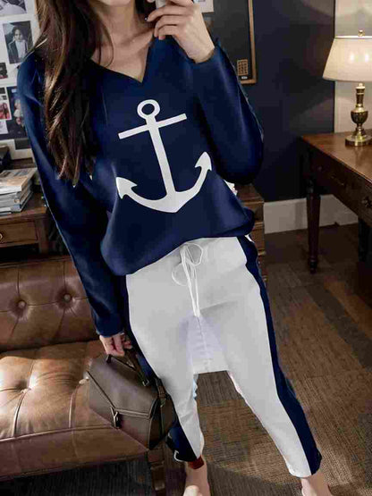 anchor print v neck long sleeve t shirt trousers two piece suit 101052