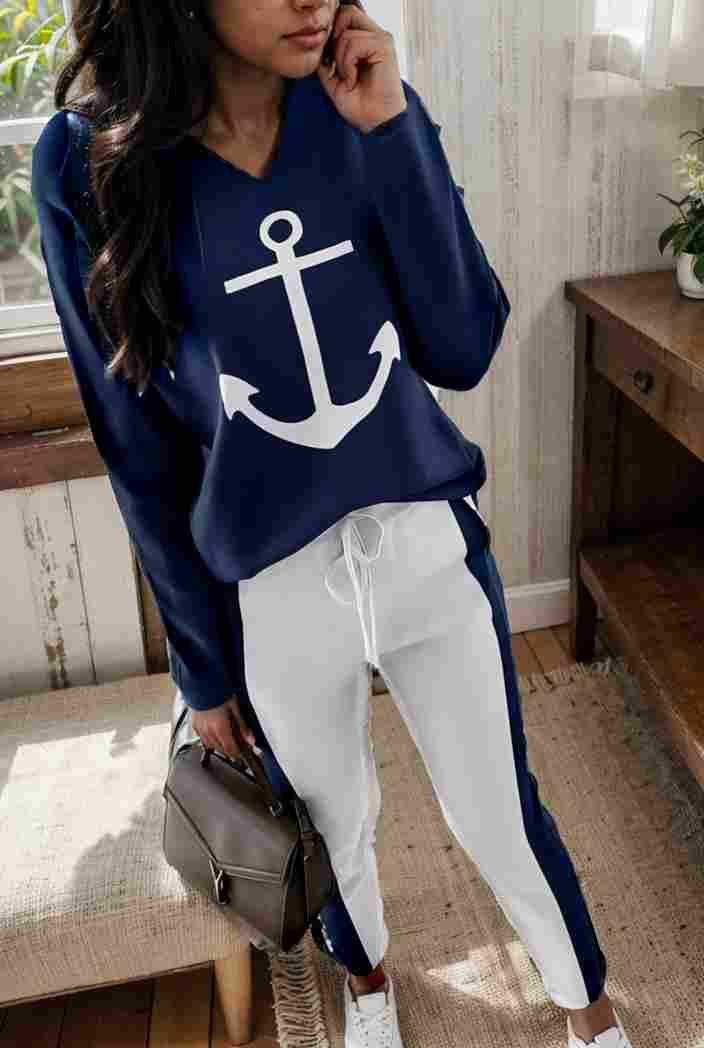 anchor print v neck long sleeve t shirt trousers two piece suit 100653