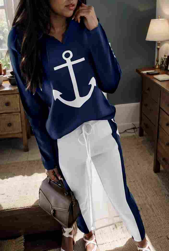 anchor print v neck long sleeve t shirt trousers two piece suit 148571