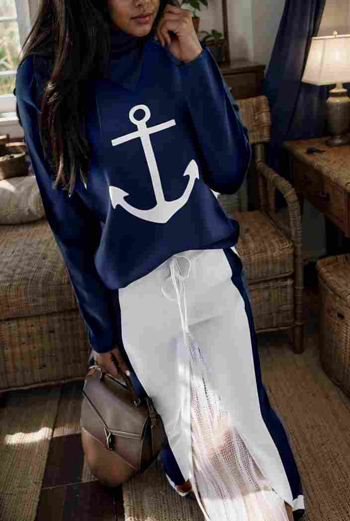 anchor print v neck long sleeve t shirt trousers two piece suit 106741