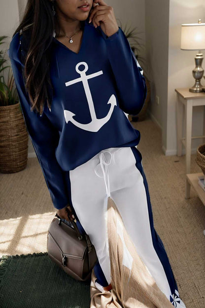 anchor print v neck long sleeve t shirt trousers two piece suit 115048