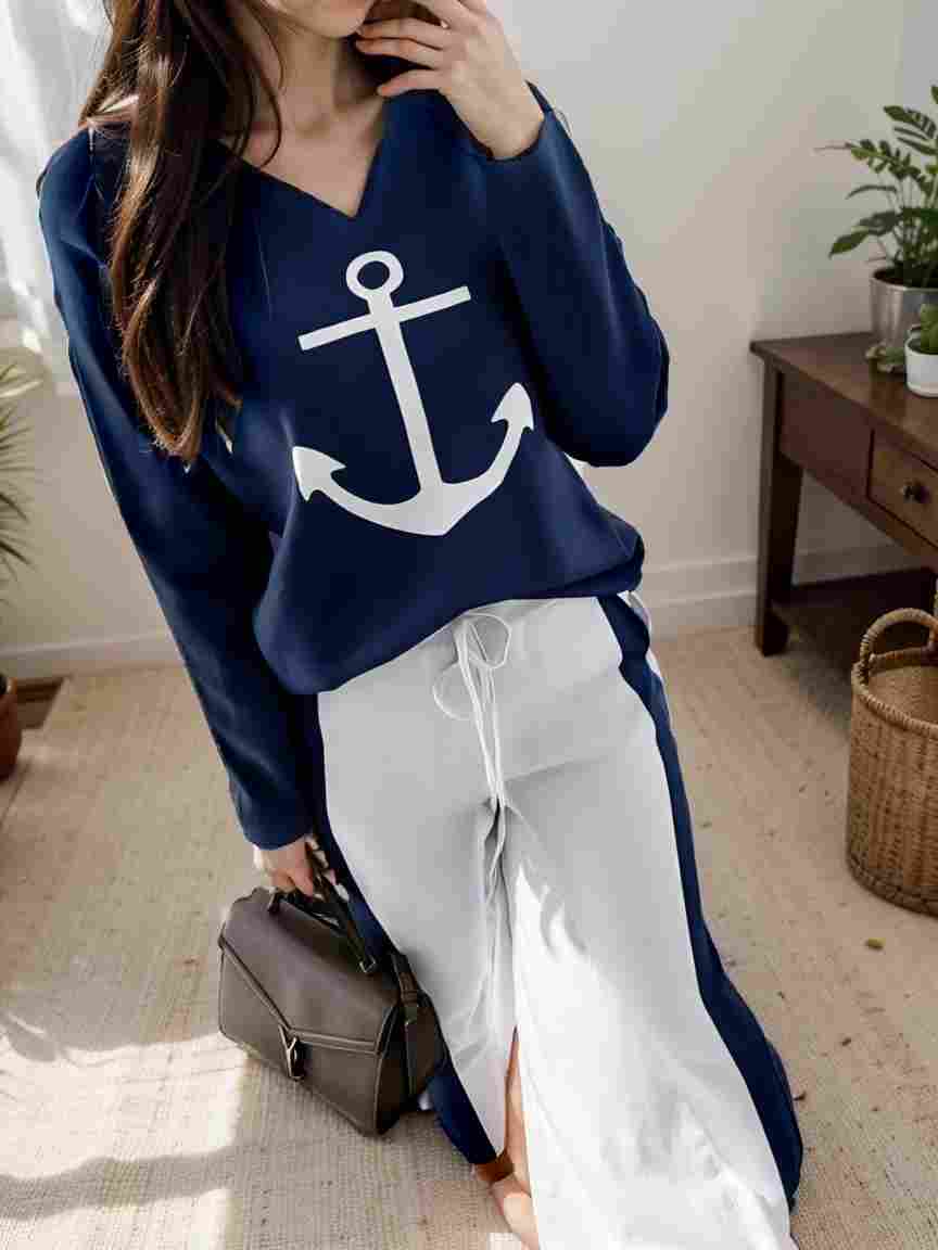 anchor print v neck long sleeve t shirt trousers two piece suit 118899