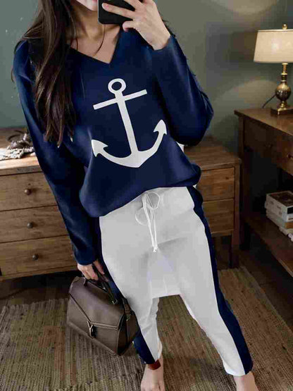 anchor print v neck long sleeve t shirt trousers two piece suit 119830