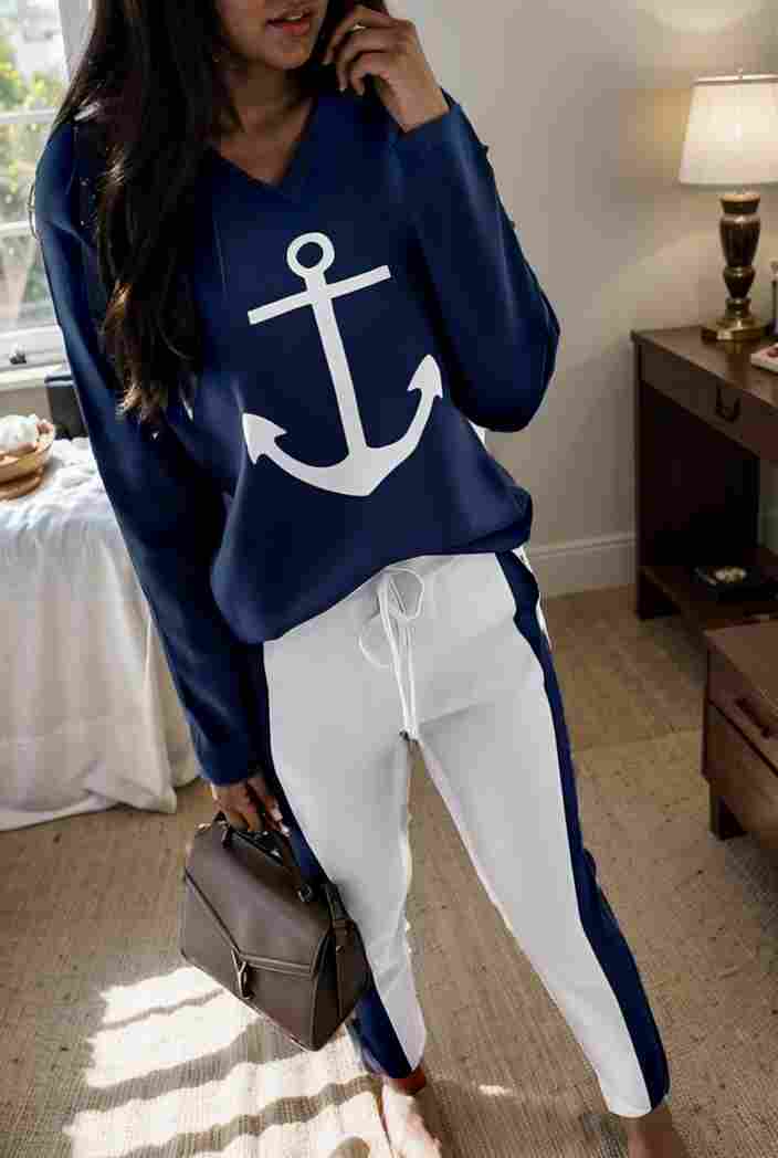 anchor print v neck long sleeve t shirt trousers two piece suit 125276