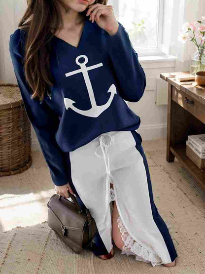 anchor print v neck long sleeve t shirt trousers two piece suit 146479