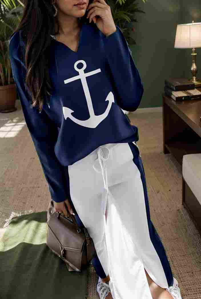 anchor print v neck long sleeve t shirt trousers two piece suit 136444