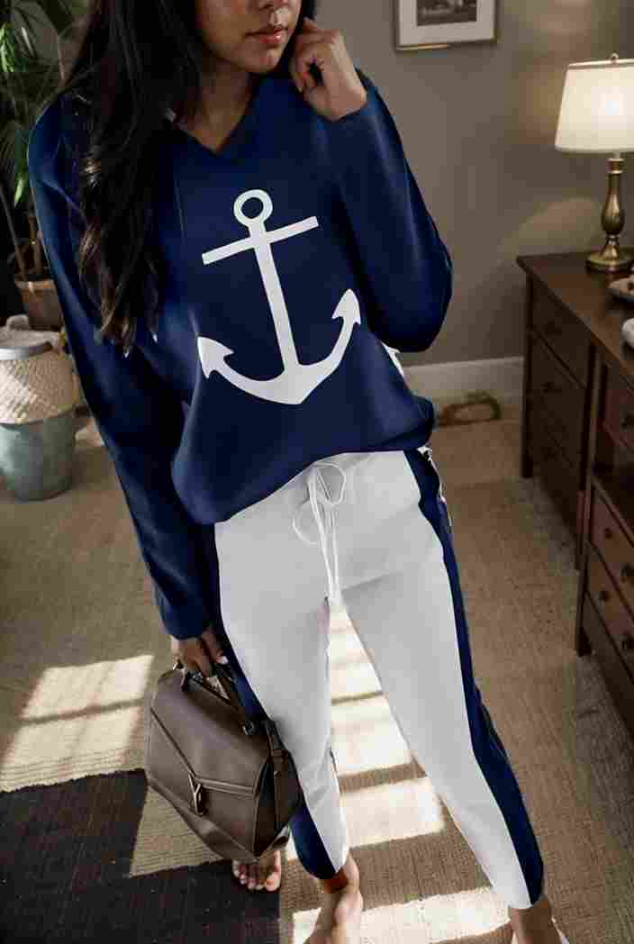 anchor print v neck long sleeve t shirt trousers two piece suit 114539